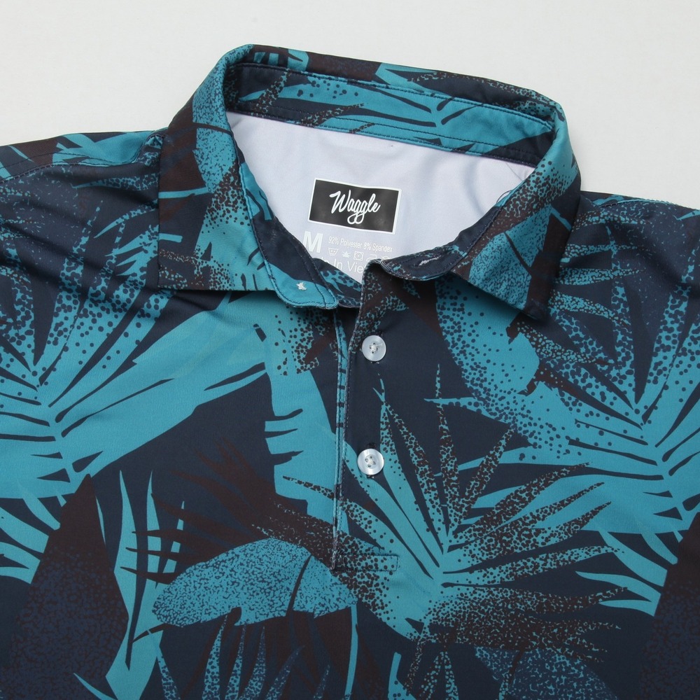 Waggle Men's M Medium Teal Dark Blue Leaf Tropical Performance Golf Polo Shirt